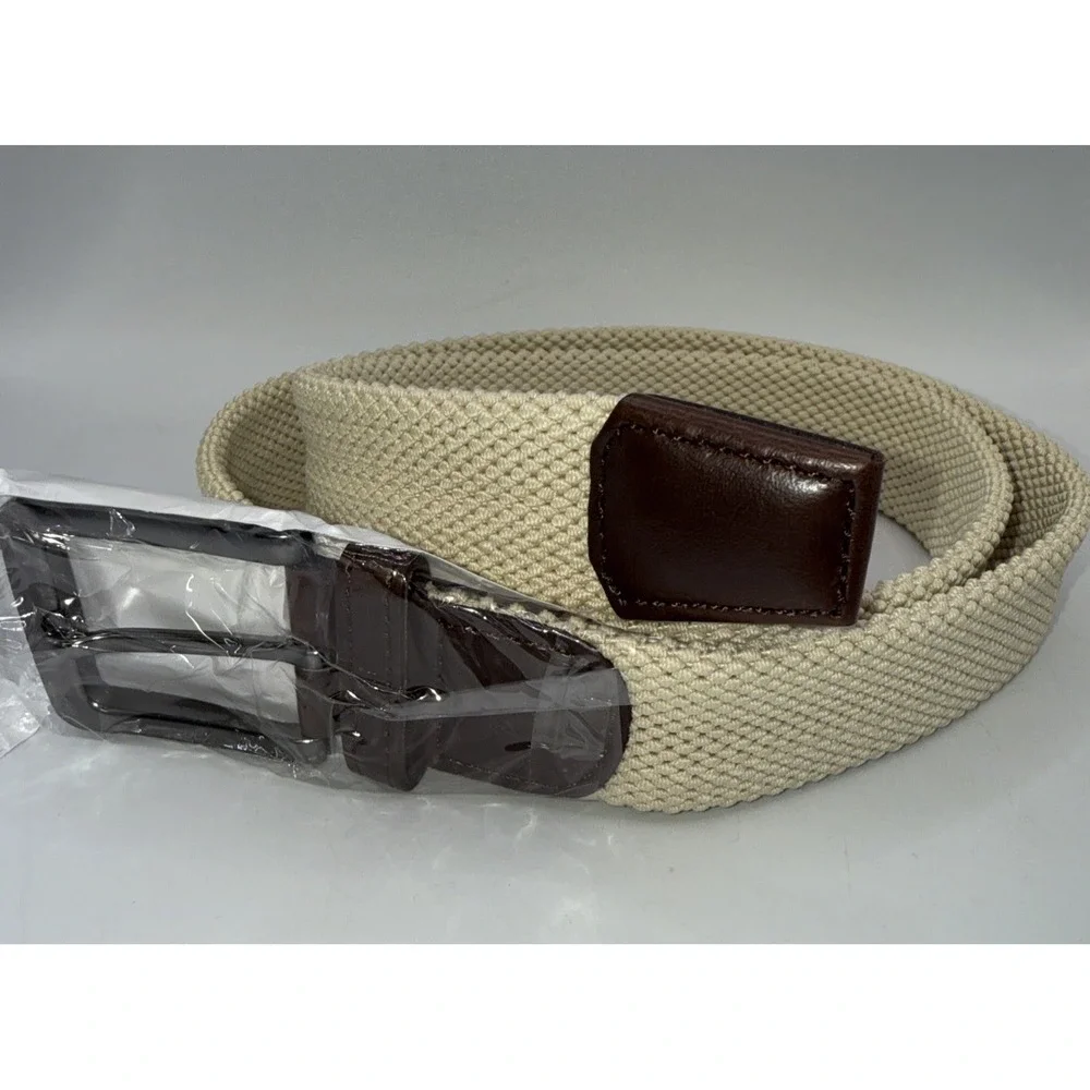 Bobby Jones Men's Braided Fabric Stretch‎ Belt w/ Brass Buckle - Cream-Size 44